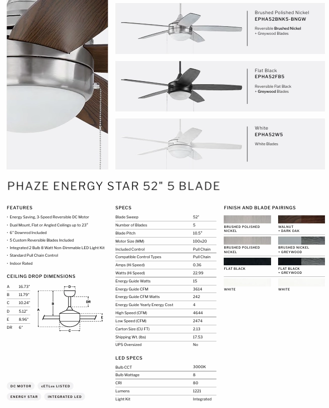 Craft Phaze Energy Star 5 Blade 52" Pull Chain DC Ceiling Fan with LED Light