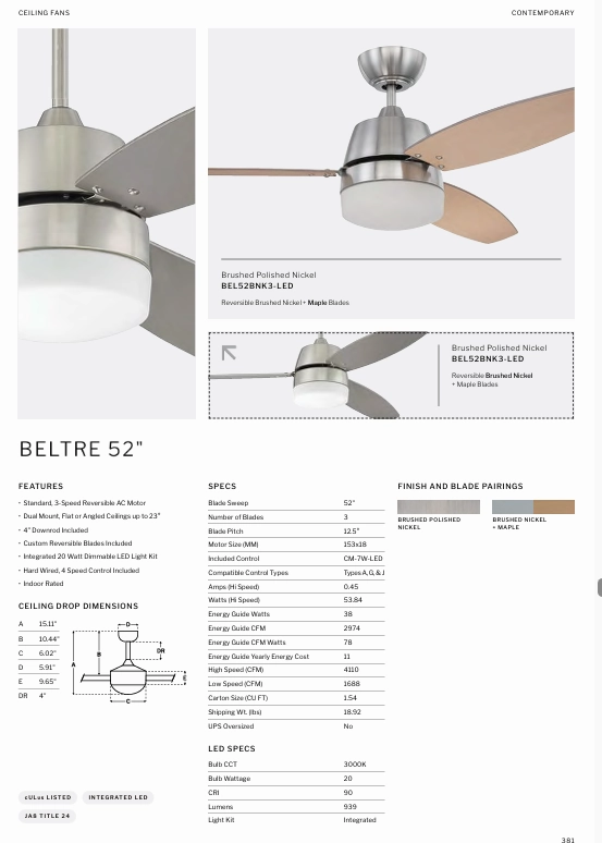 Craftmade Beltre 52" Ceiling Fan with 20W LED in Brushed Polished Nickel