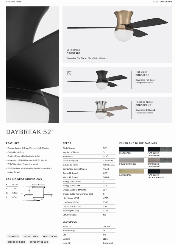 Craftmade Daybreak 52"  Smart Flushmount DC Ceiling Fan with 18W LED and Remote