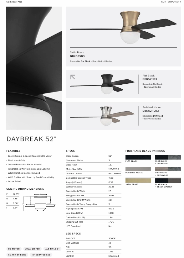 Craftmade Daybreak 52"  Smart Flushmount DC Ceiling Fan with 18W LED and Remote