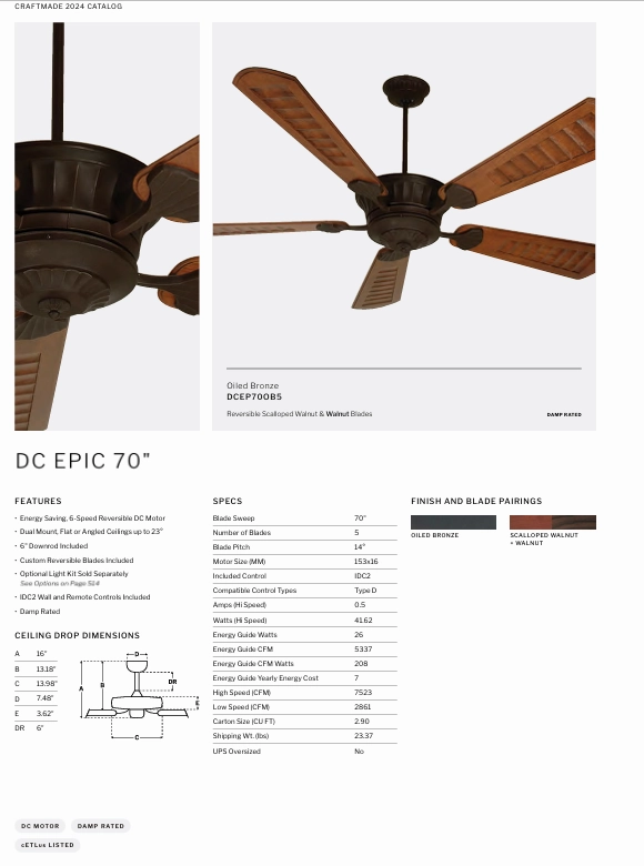 Craftmade DC Epic 70" Indoor/Outdoor DC Ceiling Fan with Remote Control in Oiled Bronze