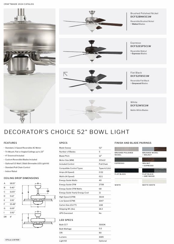 Craftmade Decorator's Choice 52" Pull Chain Ceiling Fan with Dimmable LED Light