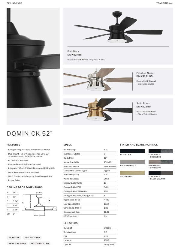 Craftmade Dominick 52" Smart DC Ceiling Fan with LED Light and Remote