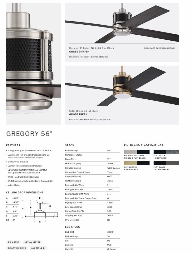 Craftmade Gregory 56" Smart DC Ceiling Fan with Remote Control