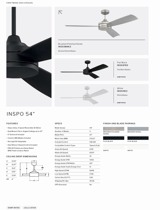 Craftmade Inspo Indoor/Outdoor Ceiling Fan with Wall Control
