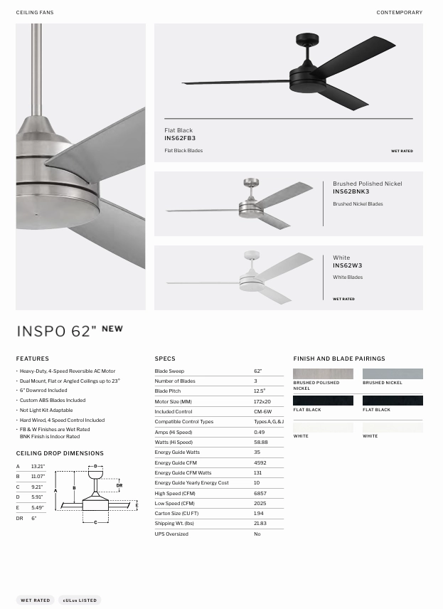 Craftmade Inspo Indoor/Outdoor Ceiling Fan with Wall Control
