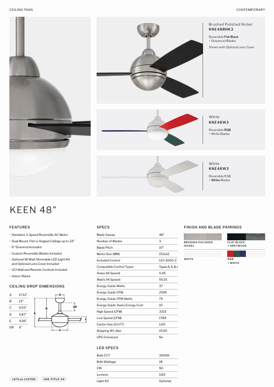 Craftmade Keen 48" Ceiling Fan with 18W LED plus Wall and Remote control