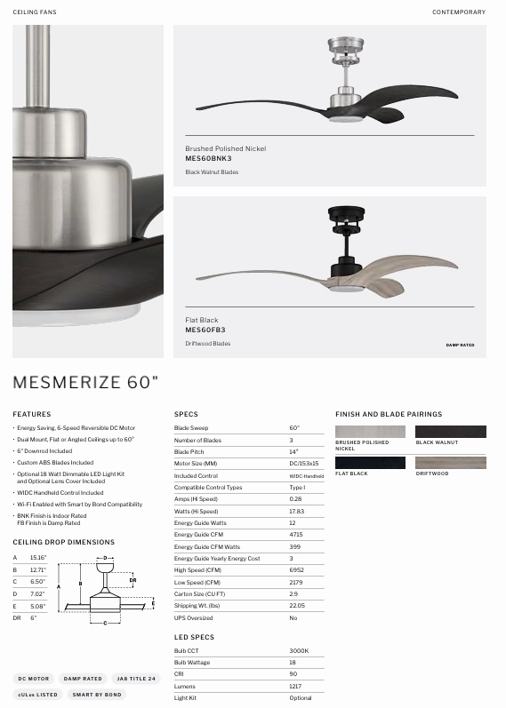 Craftmade Mesmerize 60" Smart Indoor/Outdoor DC Ceiling Fan with Remote