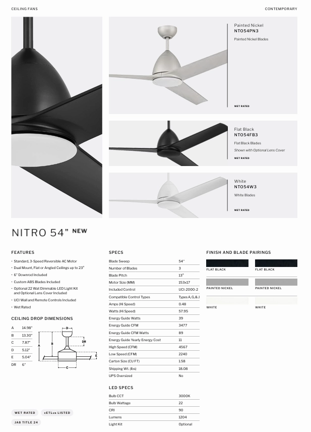 Craftmade Nitro 54" Outdoor Ceiling Fan with 22W LED and Wall plus Remote Control