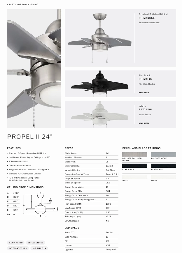 Craftmade Propel II 24" Indoor/Outdoor Pull Chain Ceiling Fan with 12W LED