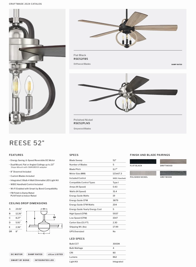 Craftmade Reese 52" Smart Indoor/Outdoor DC Ceiling Fan with LED and Remote