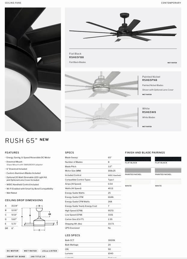 Craftmade Rush Smart Outdoor DC Ceiling Fan with 20W LED Light and Remote