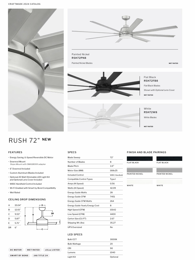 Craftmade Rush Smart Outdoor DC Ceiling Fan with 20W LED Light and Remote