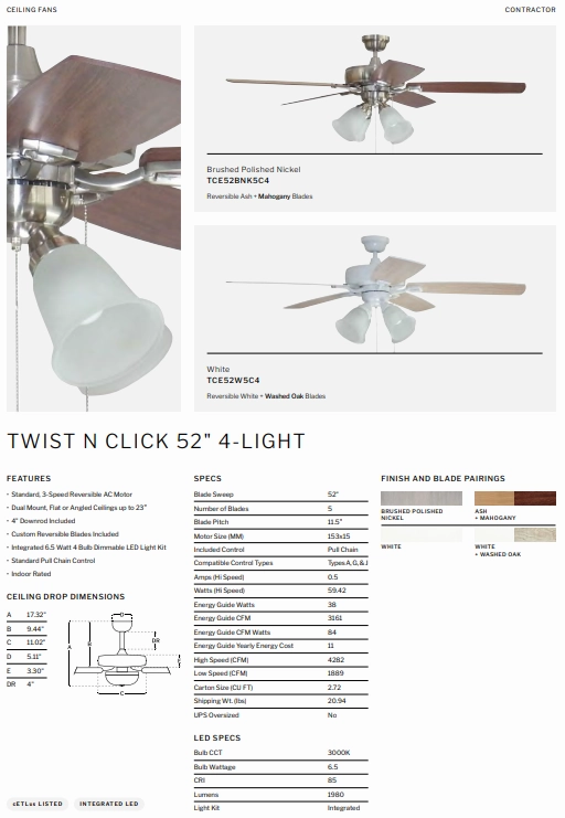 Craftmade Twist N Click  52" Pull Chain Ceiling Fan with 4 Light LED