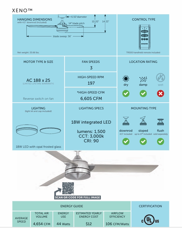 Fanimation 56" Xeno Ceiling Fan with 18W LED Light and Remote Control