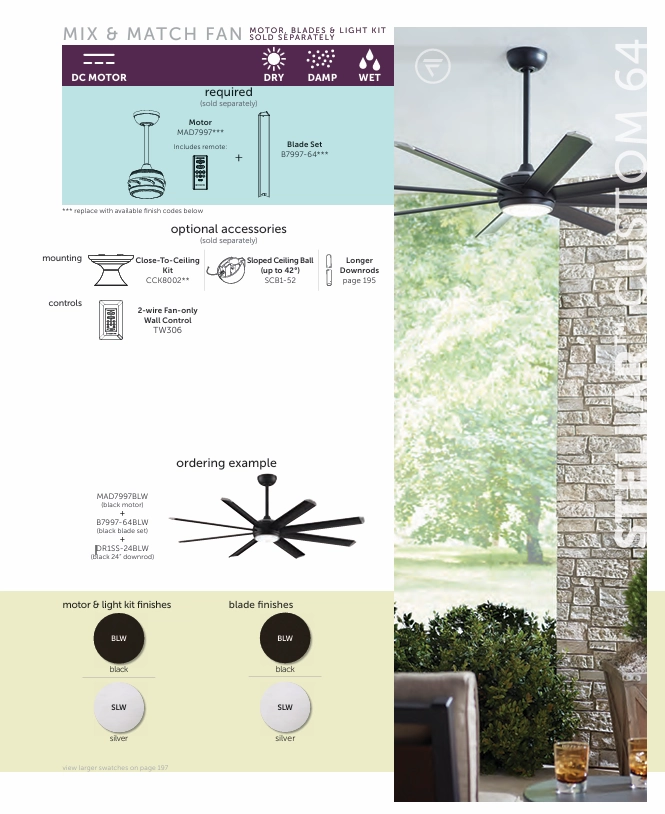 Fanimation Stellar 64" Indoor/Outdoor DC Mix & Match Ceiling Fan with 18W LED Light and Remote Control