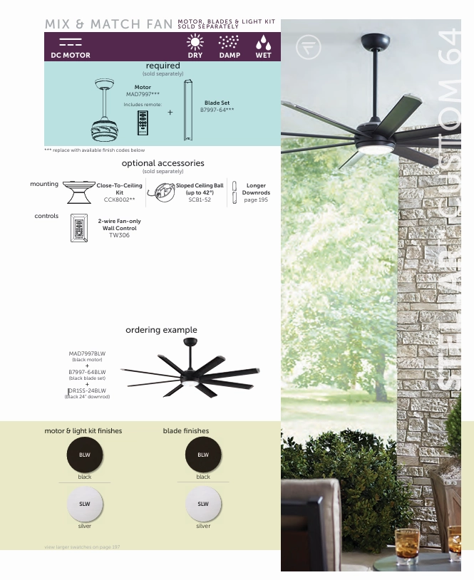 Fanimation Stellar 64" Indoor/Outdoor DC Mix & Match Ceiling Fan with 18W LED Light and Remote Control