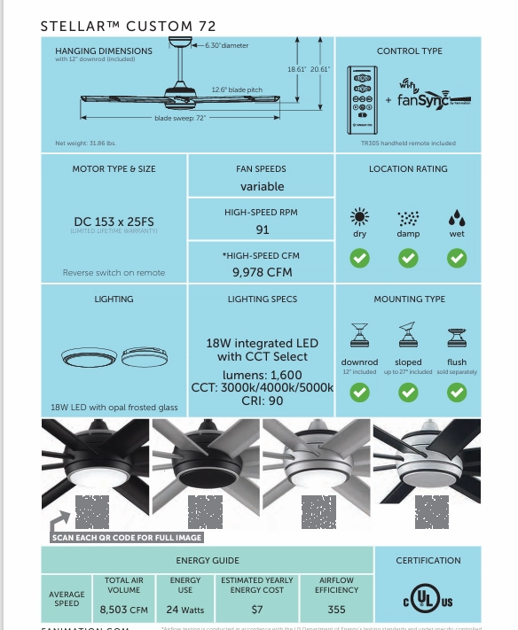 Fanimation Stellar 72" Indoor/Outdoor DC Mix & Match Ceiling Fan with 18W LED Light and Remote Control