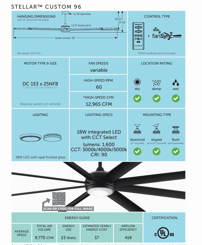 Fanimation Stellar 96" Indoor/Outdoor DC Mix & Match Ceiling Fan with 18W LED Light and Remote Control in Black