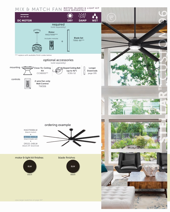Fanimation Stellar 96" Indoor/Outdoor DC Mix & Match Ceiling Fan with 18W LED Light and Remote Control in Black
