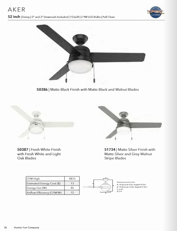 Hunter Fan Aker 52" Indoor/Outdoor Pull Chain Ceiling Fan with 18W LED
