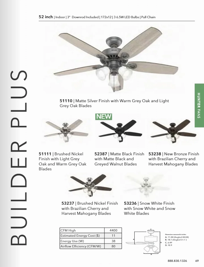 Hunter Fan Builder Plus 52" Pull Chain Ceiling Fan with 21W LED