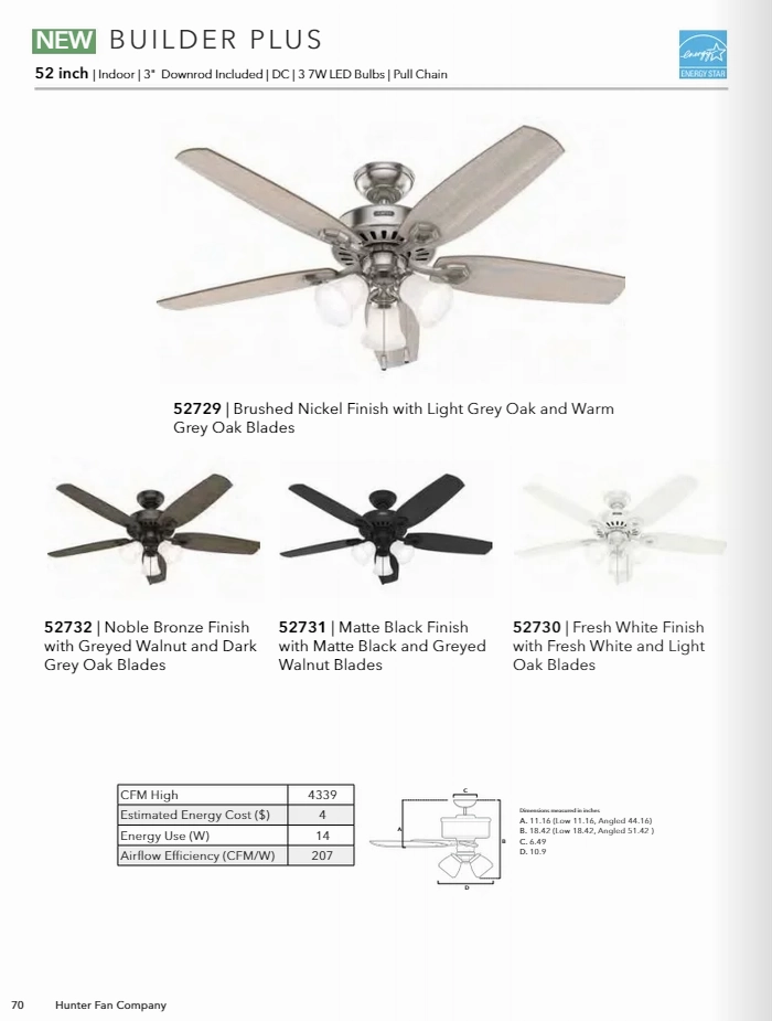 Hunter Fan Builder Plus 52" Pull Chain DC Ceiling Fan with 21W LED