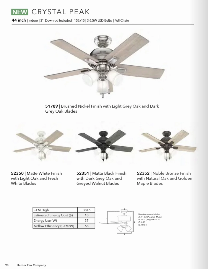 Hunter Fan Crystal Peak 44" Pull Chain Ceiling Fan with 21W LED