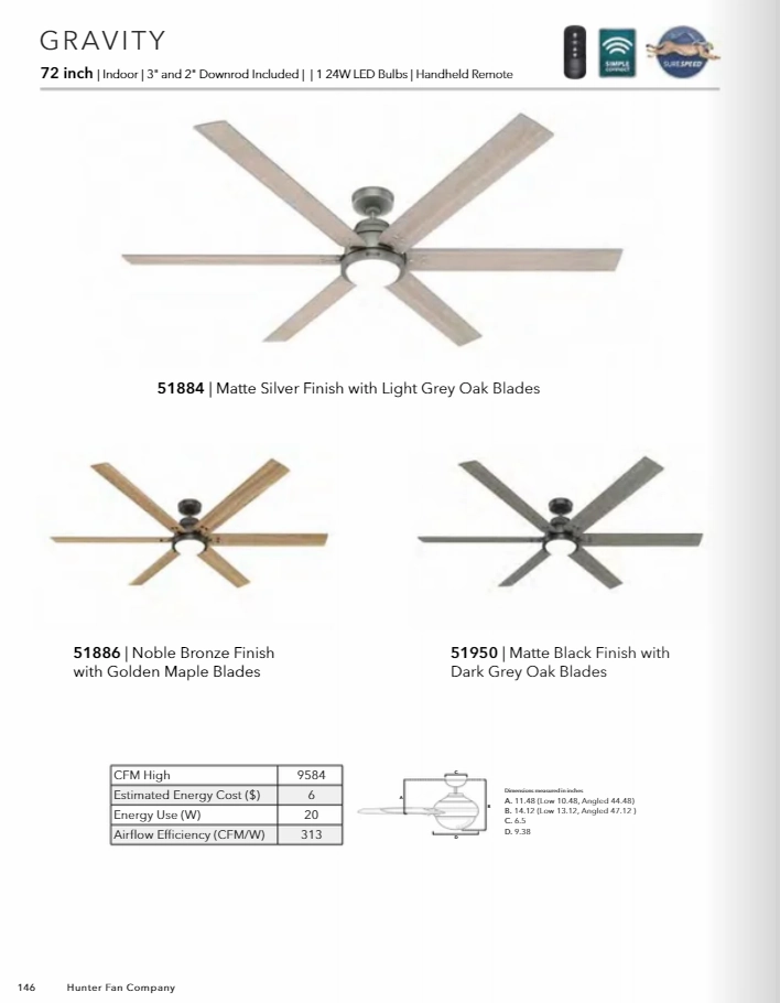 Hunter Fan Gravity Smart Ceiling Fan with 24W LED and Remote