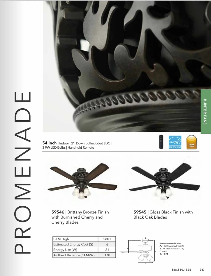 Hunter Fan Promenade 54" Indoor DC Ceiling Fan with 27W LED and Remote