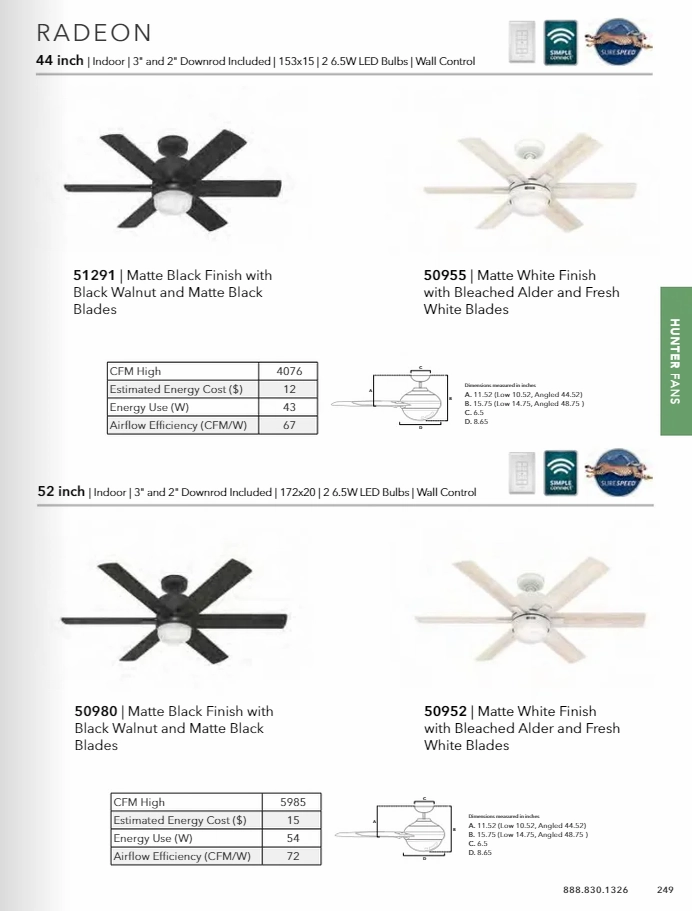 Hunter Fan Radeon Smart Indoor Ceiling Fan with 14W LED and Wall Control