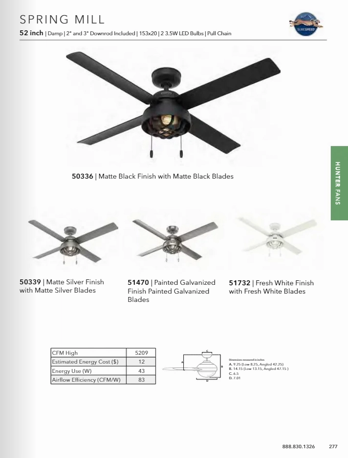 Hunter Fan Spring Mill 52" Outdoor Pull Chain Ceiling Fan with 7W LED