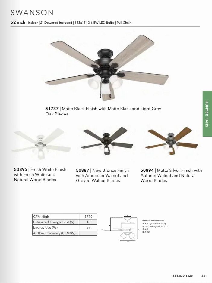 Hunter Fan Swanson 52" Indoor Pull Chain Ceiling Fan with 3 lights 19.5W LED