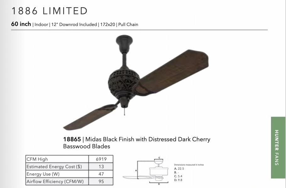 Hunters 1886 Limited Edition 60" Pull Chain Ceiling Fan in Midas Black