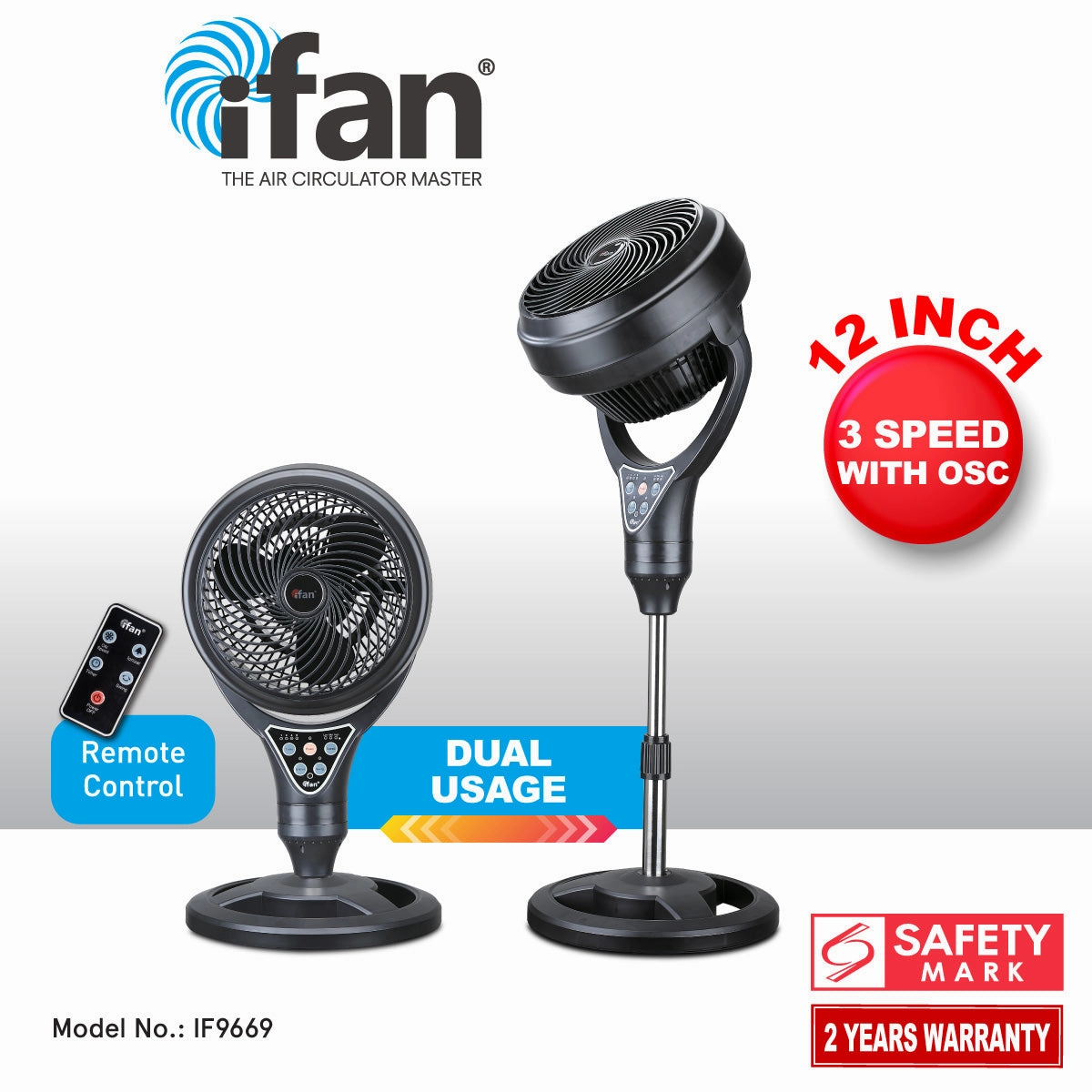 iFan 12" Stand Fan  Remote Control, Strong Vortex Air Circulator, Adjustable Height, 90 Oscillation, Timer, Ionizer, 3-Speed, black, IF9669