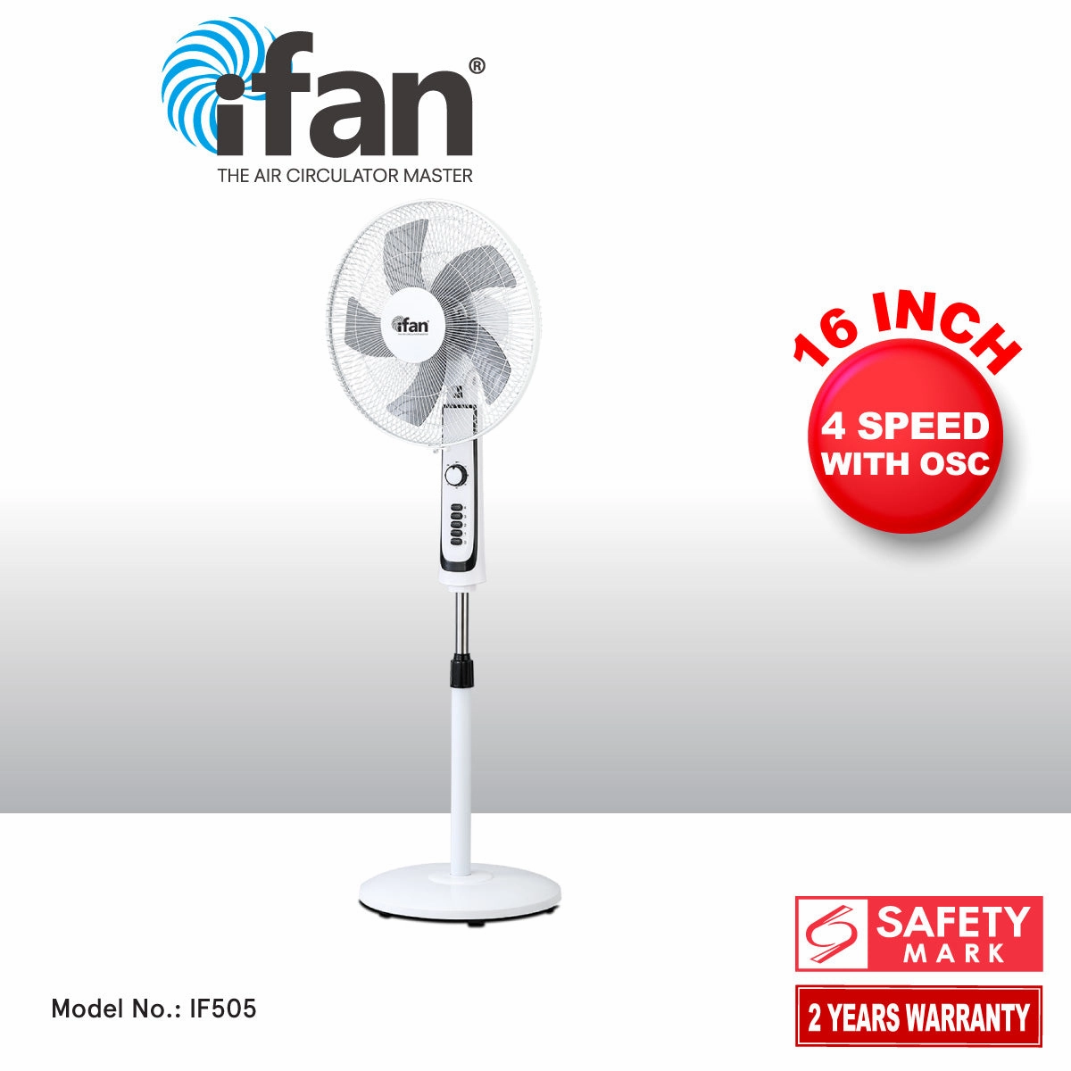 iFan 16" Stand Fan  Powerful Air Circulator, Adjustable Height, Oscillation, Timer, Thermal Protection, 4-Speed, white, IF505