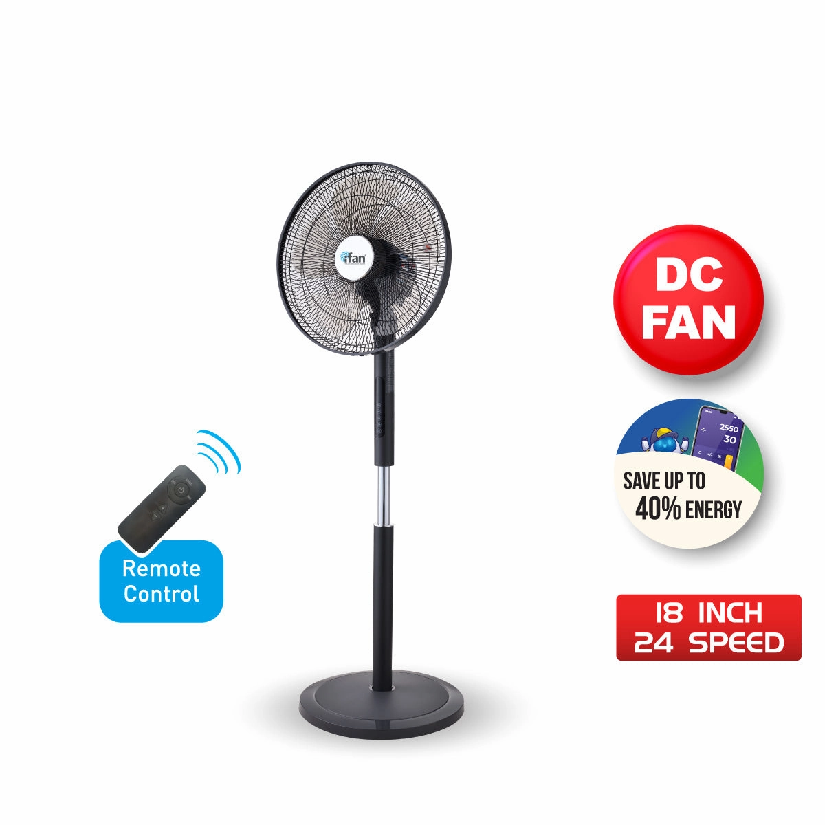 iFan 18" DC Motor Stand Fan with Remote Control  24 Speeds, Oscillation, Adjustable height, Overheating Protection, IF7468