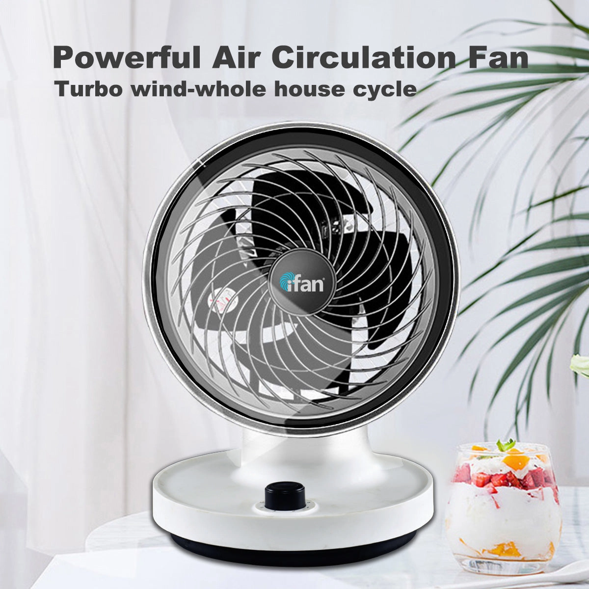 iFan 7" Air Circulator Fan - Turbo, Powerful Airflow, Desk Fan, Oscillation, 90 Tilt, Portable, 3-Speed, Quiet, black & white, IF7530