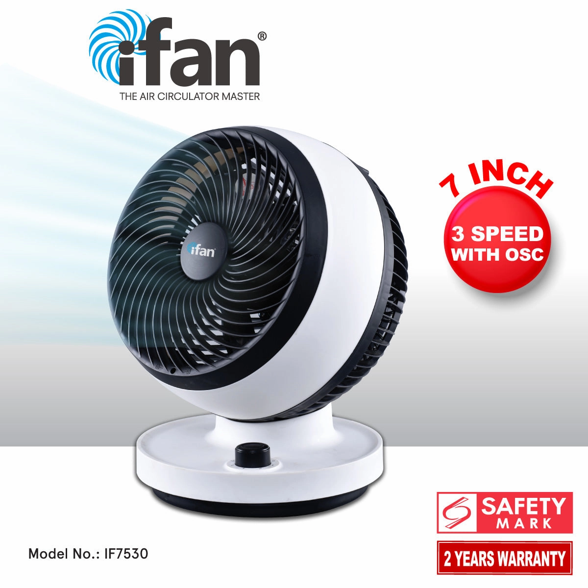 iFan 7" Air Circulator Fan - Turbo, Powerful Airflow, Desk Fan, Oscillation, 90 Tilt, Portable, 3-Speed, Quiet, black & white, IF7530