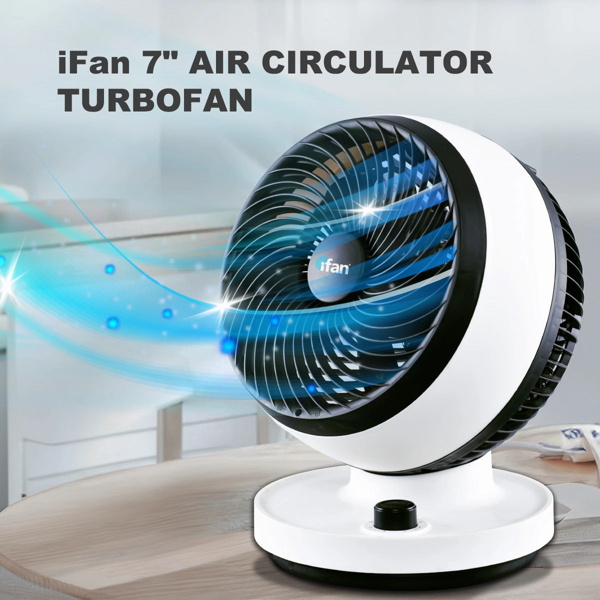 iFan 7" Air Circulator Fan - Turbo, Powerful Airflow, Desk Fan, Oscillation, 90 Tilt, Portable, 3-Speed, Quiet, black & white, IF7530