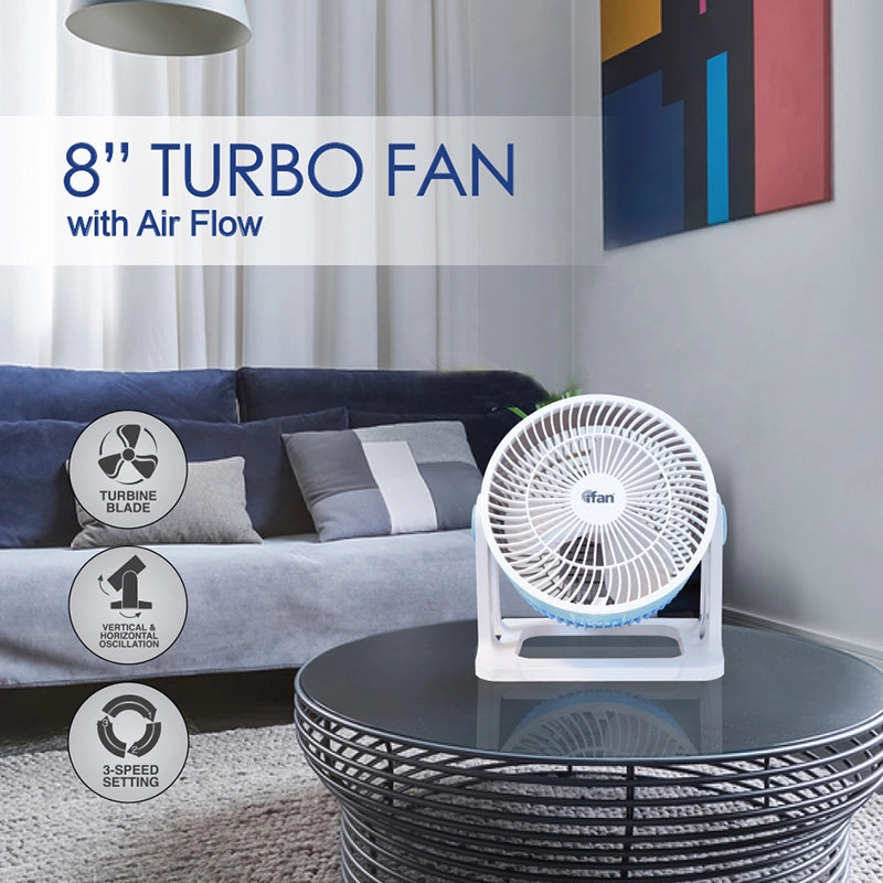 iFAN 8" Air Circulator Fan   Turbo Airflow, 90 Adjustable Tilt, Overheat Protection, Compact & Lightweight, 3-Speed, blue & white, IF7408