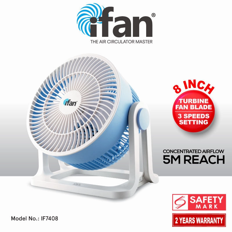 iFAN 8" Air Circulator Fan   Turbo Airflow, 90 Adjustable Tilt, Overheat Protection, Compact & Lightweight, 3-Speed, blue & white, IF7408