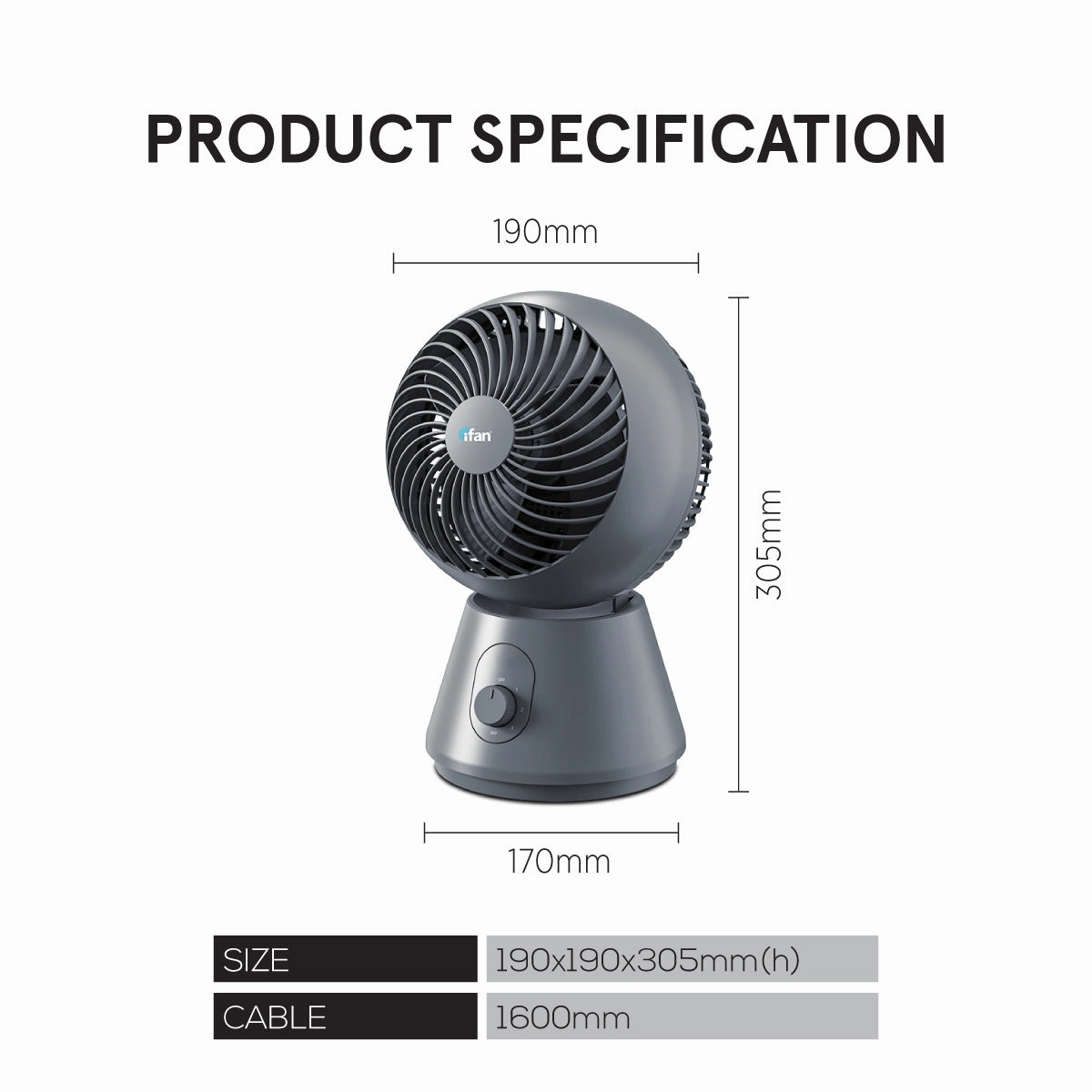iFan 8" Air Circulator Fan  Concentrated Airflow, Desk Fan, Oscillation, Adjustable Tilt, Portable, Silent, 3-Speed, black, IF7400