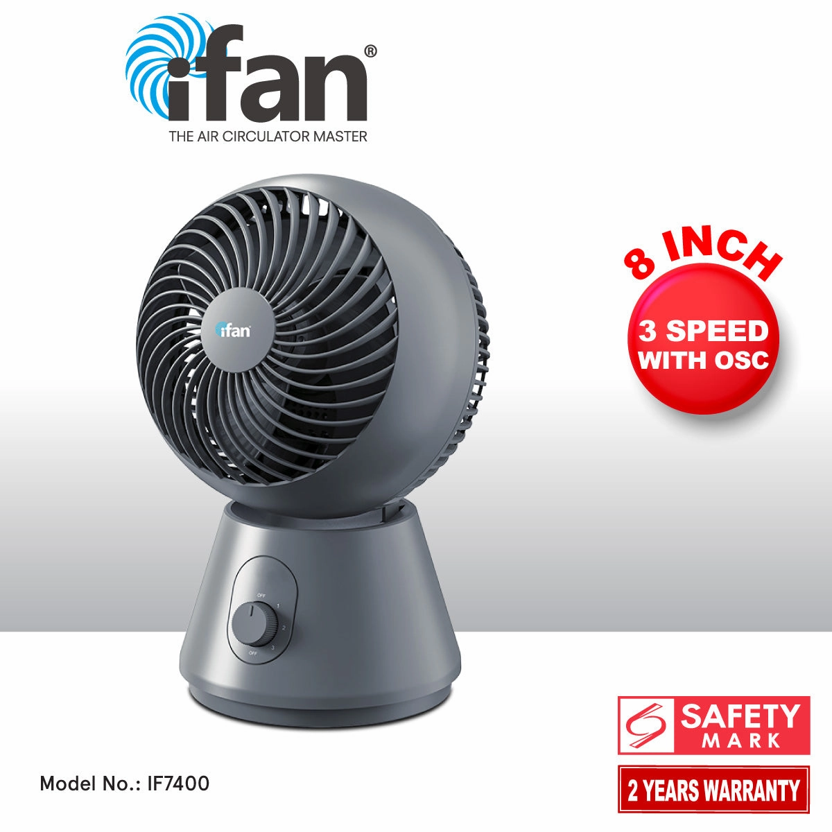 iFan 8" Air Circulator Fan  Concentrated Airflow, Desk Fan, Oscillation, Adjustable Tilt, Portable, Silent, 3-Speed, black, IF7400
