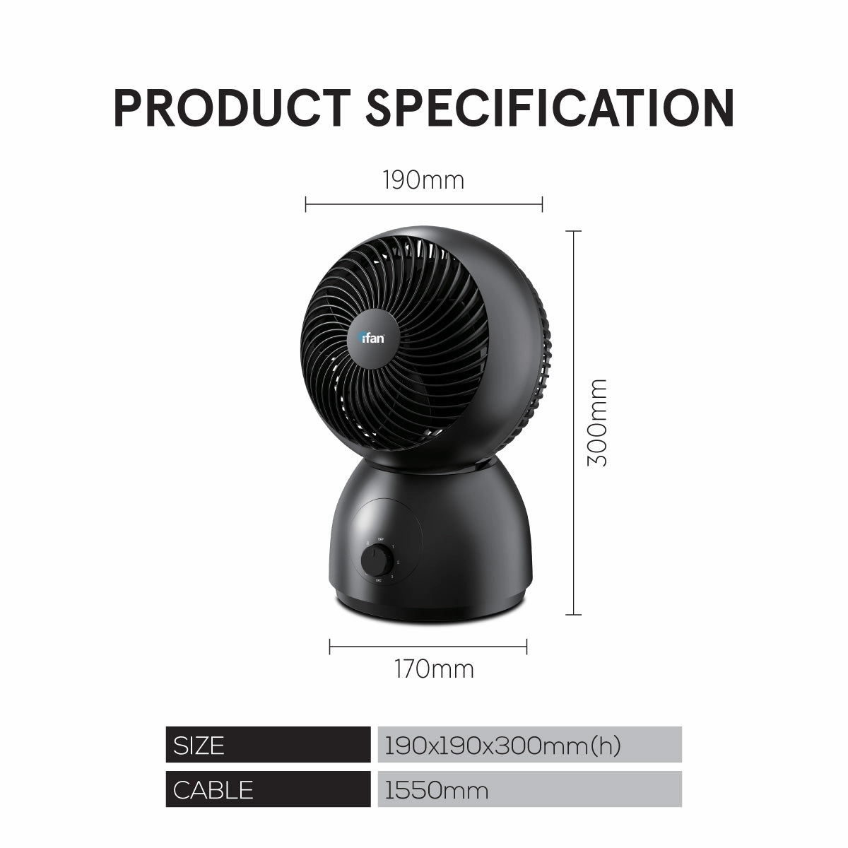 iFan 8" Air Circulator Fan  Concentrated Airflow, Desk Fan, Oscillation, Adjustable Tilt, Portable, Silent, 3-Speed, black, IF7403