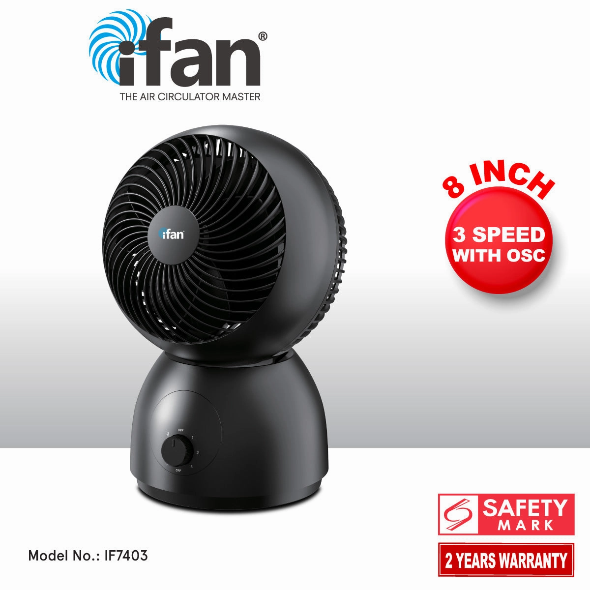 iFan 8" Air Circulator Fan  Concentrated Airflow, Desk Fan, Oscillation, Adjustable Tilt, Portable, Silent, 3-Speed, black, IF7403