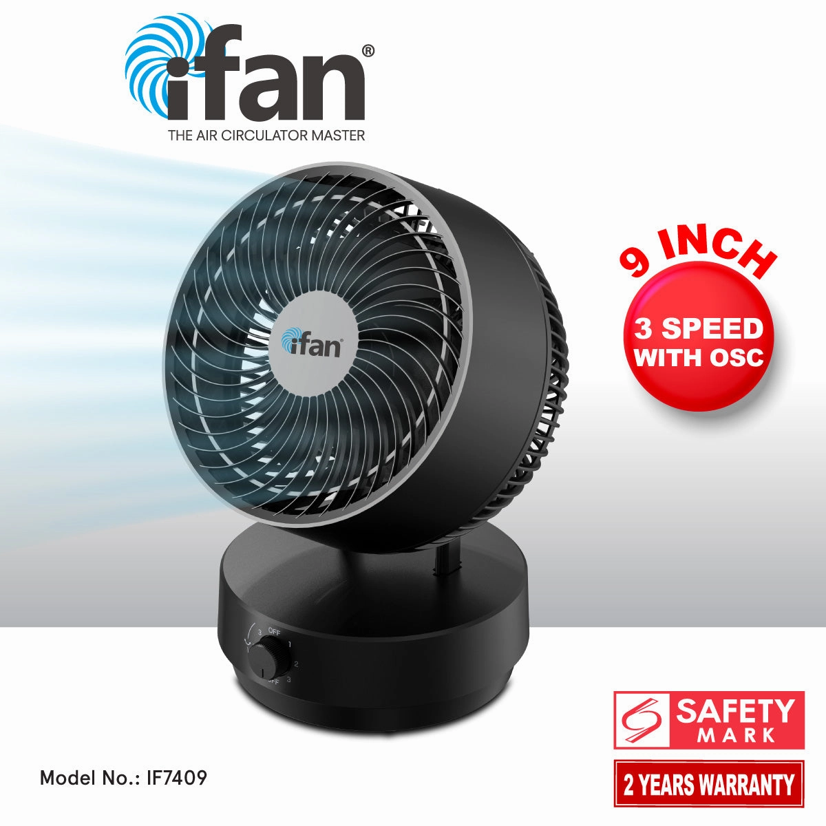 iFan 9" Air Circulator Fan  Concentrated Airflow, Desk Fan, Oscillation, Adjustable Tilt, Portable, Silent, 3-Speed, black, IF7409