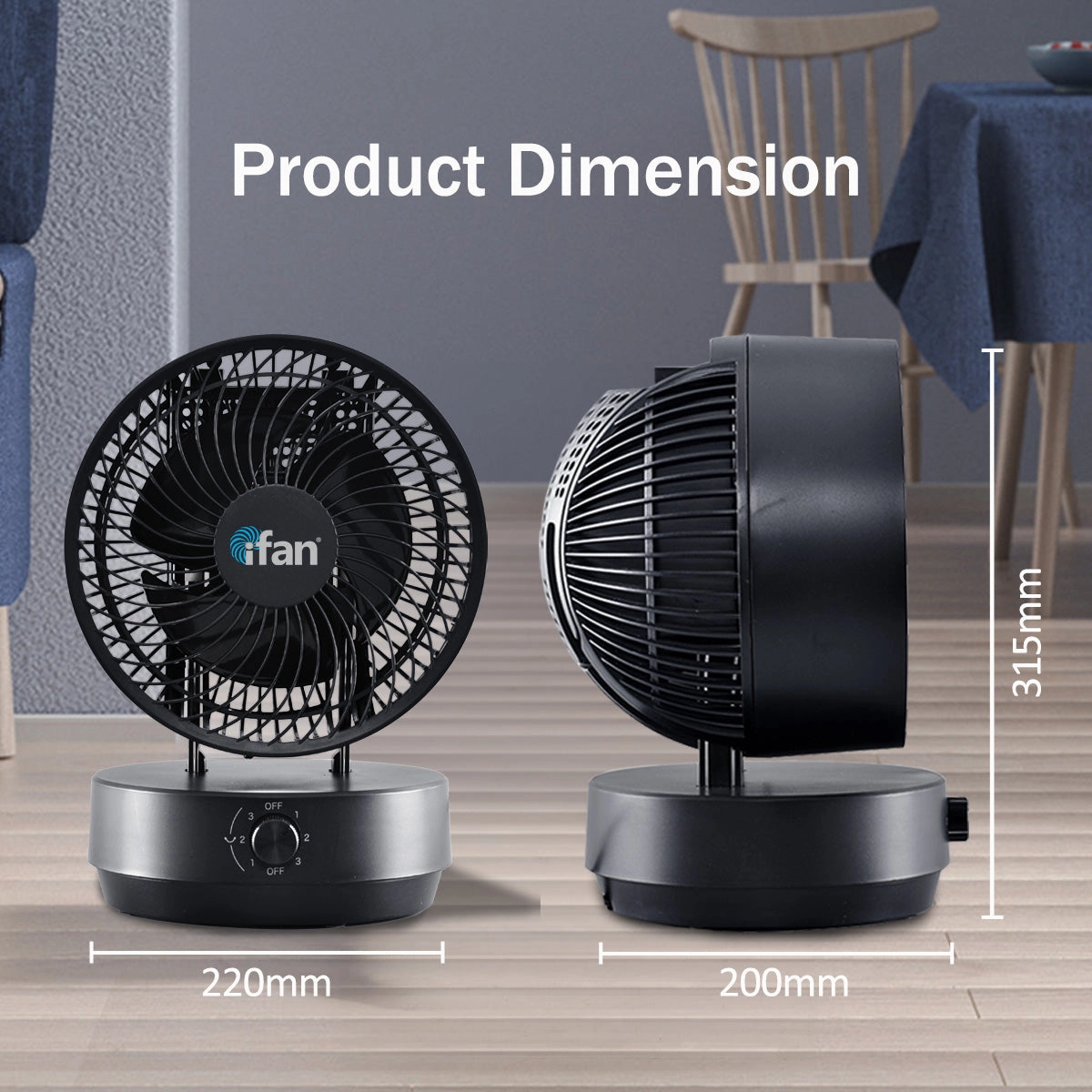 iFan 9" Air Circulator Fan  Concentrated Airflow, Desk Fan, Oscillation, Adjustable Tilt, Portable, Silent, 3-Speed, black, IF7409