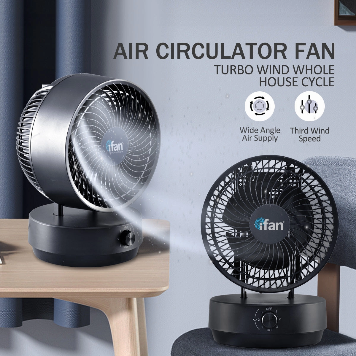 iFan 9" Air Circulator Fan  Concentrated Airflow, Desk Fan, Oscillation, Adjustable Tilt, Portable, Silent, 3-Speed, black, IF7409