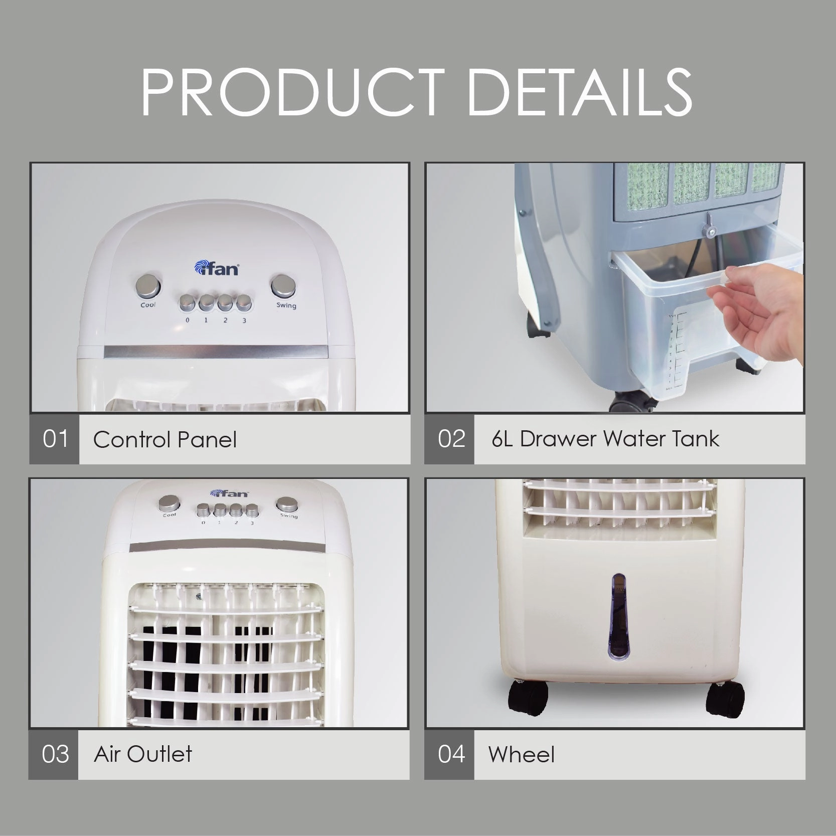 iFan Evaporative Air Cooler  6L Water Tank, Vortex Airflow, Oscillation, Dust Filter, Quiet & Effective Cooling, 3-Speed, white, IF7310